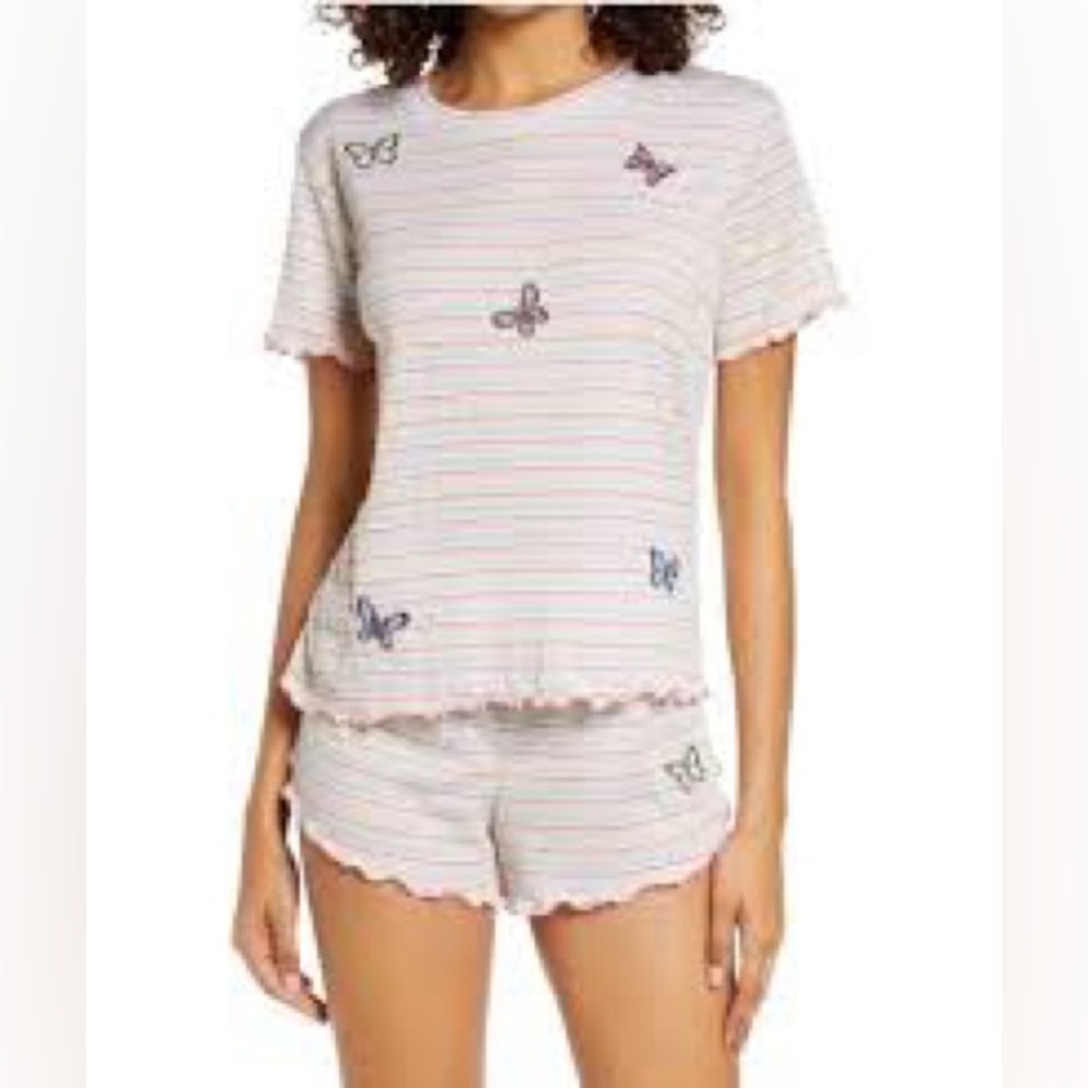 NWT Emerson Road Little Stripe Butterfly Tee & Short Pajama Set XS Pink Yellow